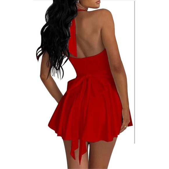 NEW Halter Deep V Neck Backless Tie Back Satin Cocktail Mini Dress M - Picture 7 of 7